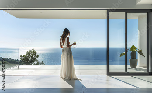 A woman standing on the balcony of a modern luxury home overlooking the ocean, holding a glass with champagne in her hand, the sun shining through the window
