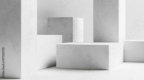 Various 3D shapes neatly arranged to create a wall. White futuristic background with copy space.