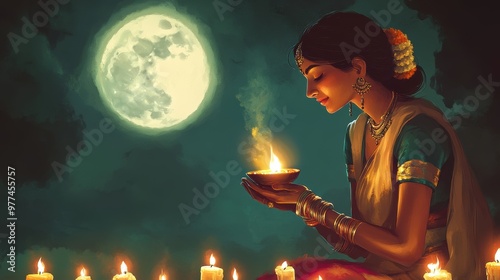 illustartion Indian woman holding a diya (oil lamp),  and a full moon in the background. KARWA CHAUTH celebration photo