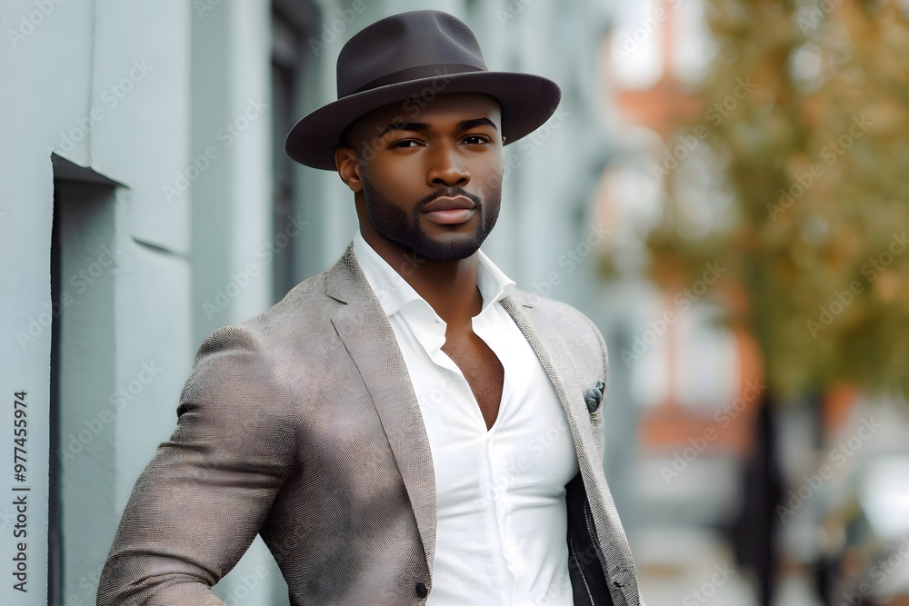 modern model black man in a formal suit wearing hat with small beard modern model black man in a formal suit wearing hat with small beard