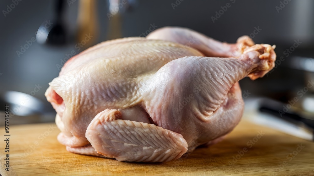 fresh, raw chicken with skin placed on a wooden cutting board fresh, raw chicken with skin placed on a wooden cutting board