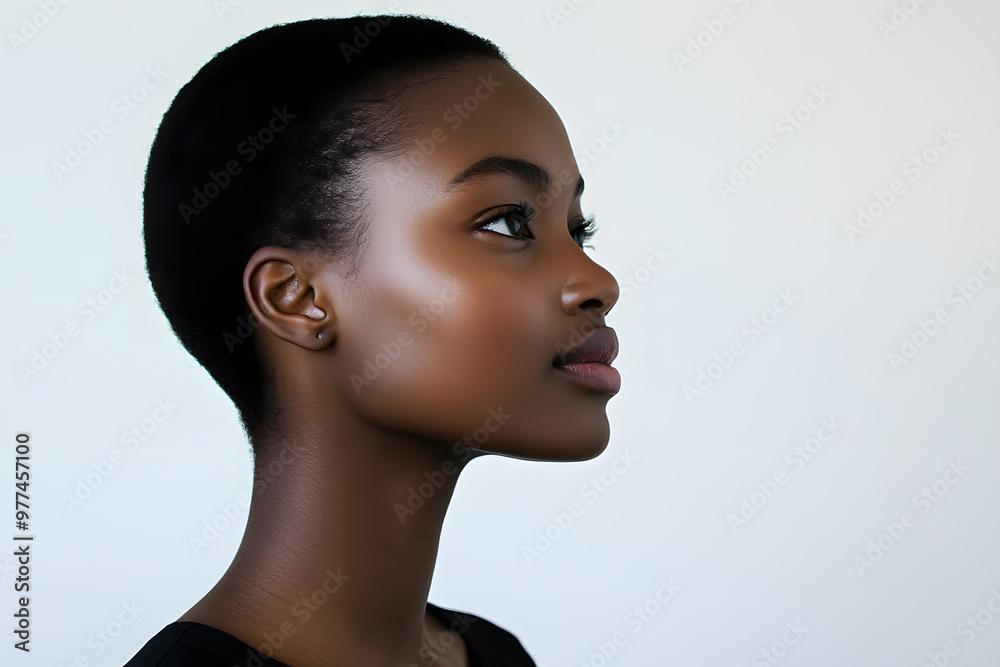 Close-up side view portrait of smiling beautiful African woman with radiant dark skin isolated on white background Close-up side view portrait of smiling beautiful African woman with radiant dark skin isolated on white background