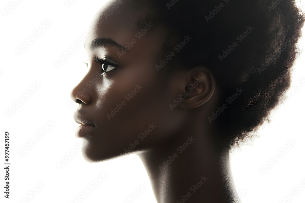 Fototapeta premium Close-up side view portrait of smiling beautiful African woman with radiant dark skin isolated on white background
