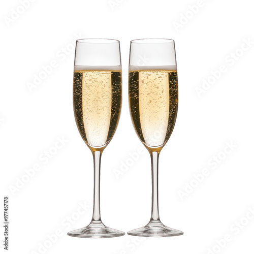 Two elegant champagne glasses filled with sparkling drink, perfect for celebrations and special occasions. transparent background