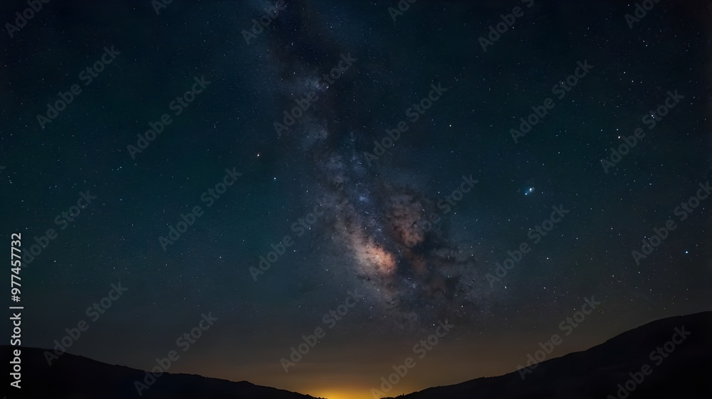night sky with stars and galaxy, space and universe sky, sunset between the mountains in the background night sky with stars and galaxy, space and universe sky, sunset between the mountains in the background