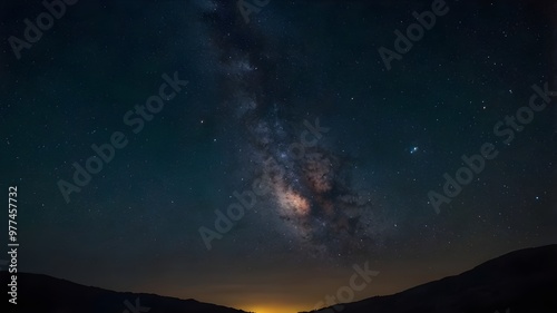 night sky with stars and galaxy, space and universe sky, sunset between the mountains in the background