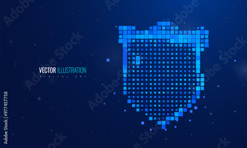 Shield protection in pixel style. Futuristic particle light effect vector illustration defense - safety and security concept