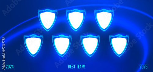 Photo frame collage template in neon futuristic style on a blue digital background. Empty photo frames in shape shields - graduation and recognition banner concept