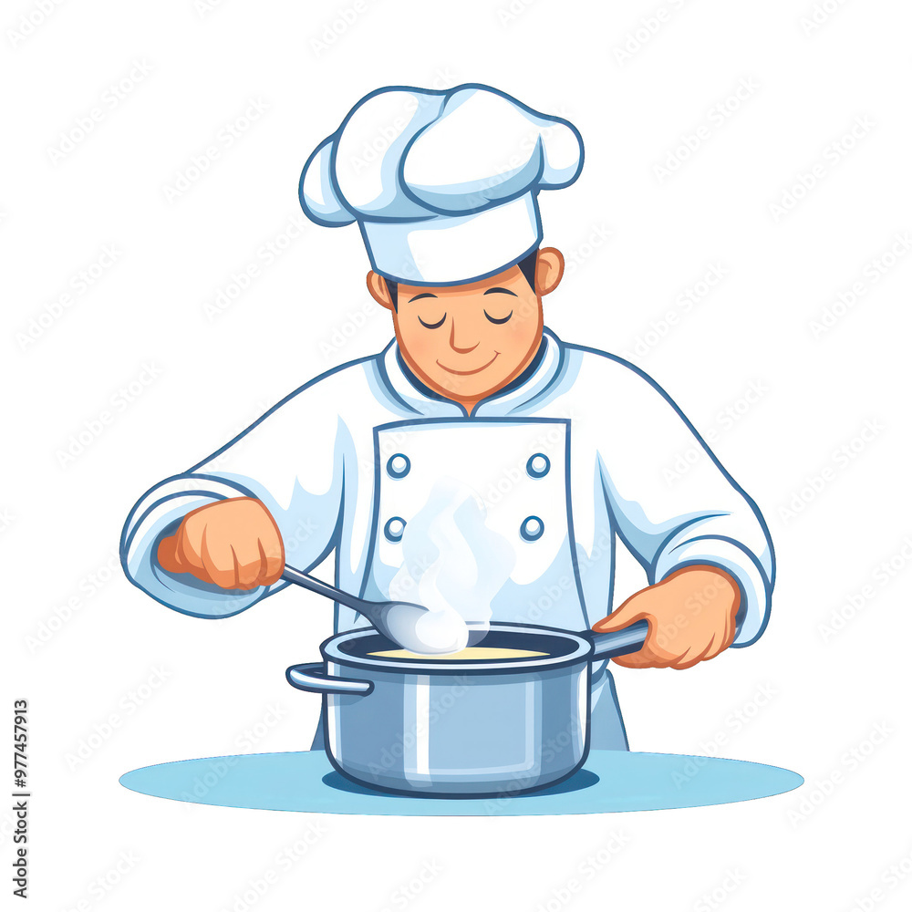 A cheerful chef cooking in a pot, showcasing culinary skills and passion for gastronomy in a vibrant kitchen setting. transparent background A cheerful chef cooking in a pot, showcasing culinary skills and passion for gastronomy in a vibrant kitchen setting. transparent background