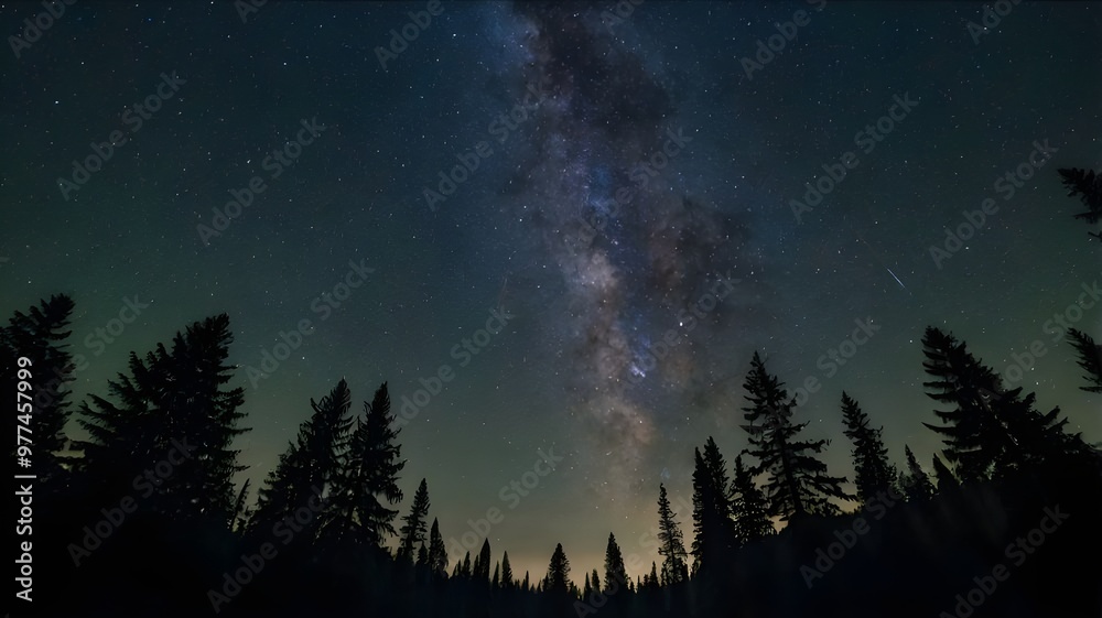 Starry night sky filled with a beautiful galaxy, showcasing the vastness of space and the universe, framed by silhouettes of trees in the foreground Starry night sky filled with a beautiful galaxy, showcasing the vastness of space and the universe, framed by silhouettes of trees in the foreground