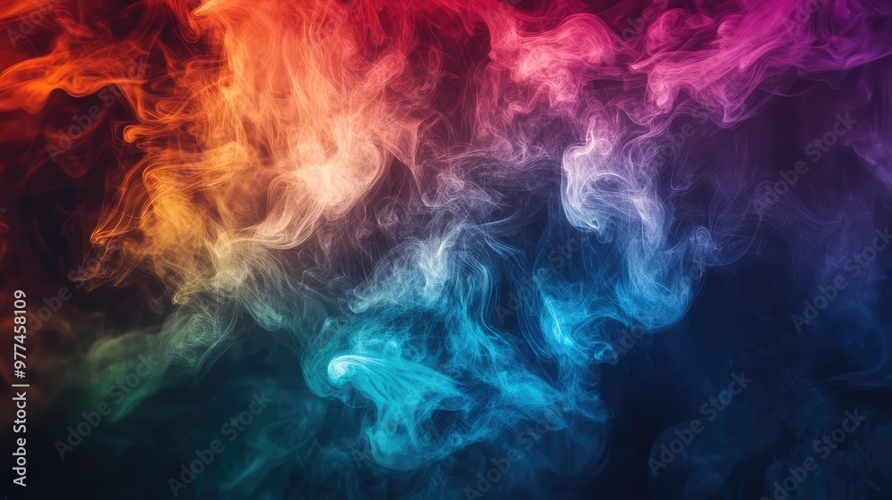 Fototapeta premium Abstract swirling clouds of colored smoke slowly blending into each other in a dark void.