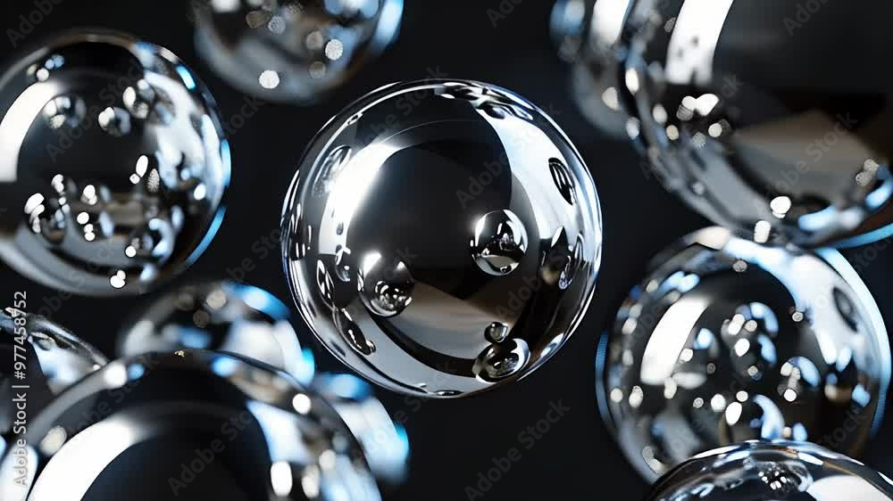 Shiny chrome spheres floating in the air on black background, seamless loop video