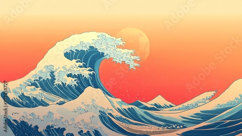 Great ocean wave as Japanese vintage style illustration photo