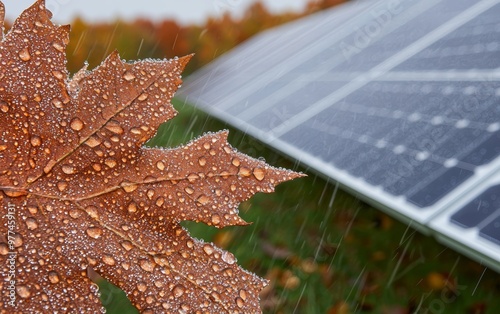 A close-up of dew-covered leaves with solar panels glistening in the background, symbolizing fresh, renewable energy solutions photo