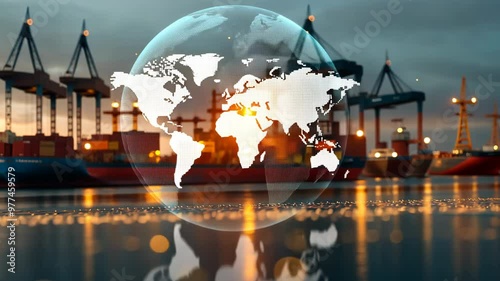 Global trade concept with illuminated world map hologram over blurred port with cranes at night