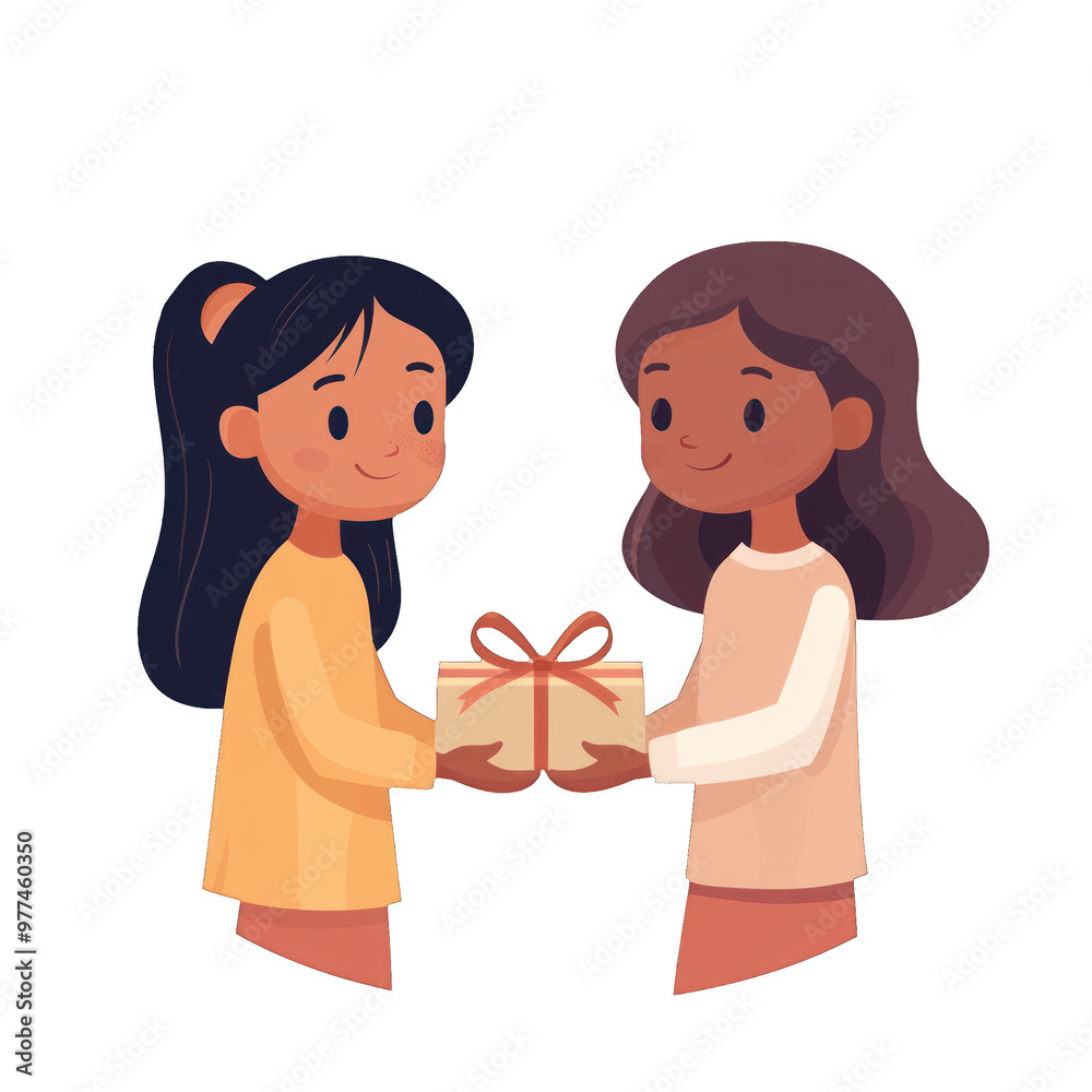 Two friends exchanging a beautifully wrapped gift, sharing joy and kindness in a vibrant, colorful illustration. transparent background Two friends exchanging a beautifully wrapped gift, sharing joy and kindness in a vibrant, colorful illustration. transparent background