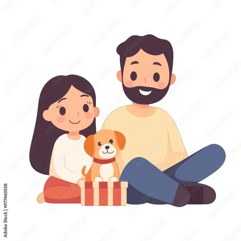 A cheerful family moment featuring a father, daughter, and puppy beside a gift box, highlighting joy and love. transparent background A cheerful family moment featuring a father, daughter, and puppy beside a gift box, highlighting joy and love. transparent background