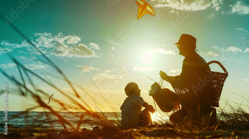 Sunset Kite Flying: A father and son share a heartwarming moment at sunset, silhouetted against the vibrant sky as they fly a kite.  The image evokes a sense of carefree joy and familial connection, c