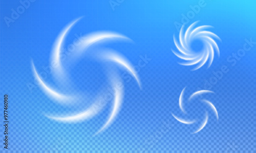 Air swirling currents forming circular, spiral shapes. Elements for airflow, breeze, and movement, cooling systems, air conditioning, and ventilation. Transparent background