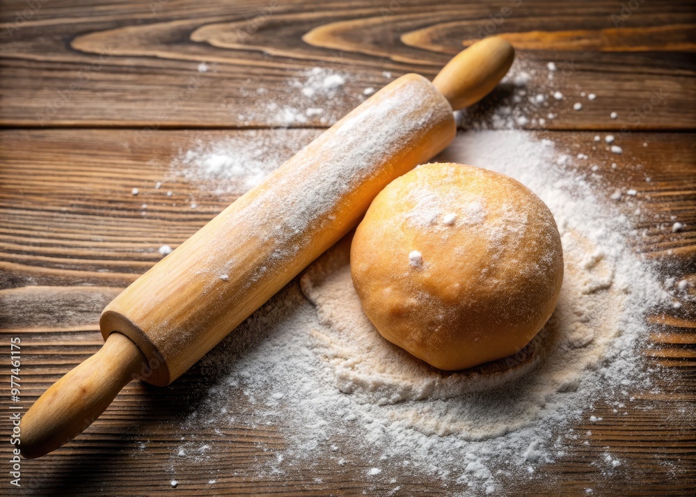 Flour-dusted wooden surface holds a rounded, golden-brown pastry dough ball, surrounded by scattered flour and a rolling pin, awaiting shaping and baking. Flour-dusted wooden surface holds a rounded, golden-brown pastry dough ball, surrounded by scattered flour and a rolling pin, awaiting shaping and baking.