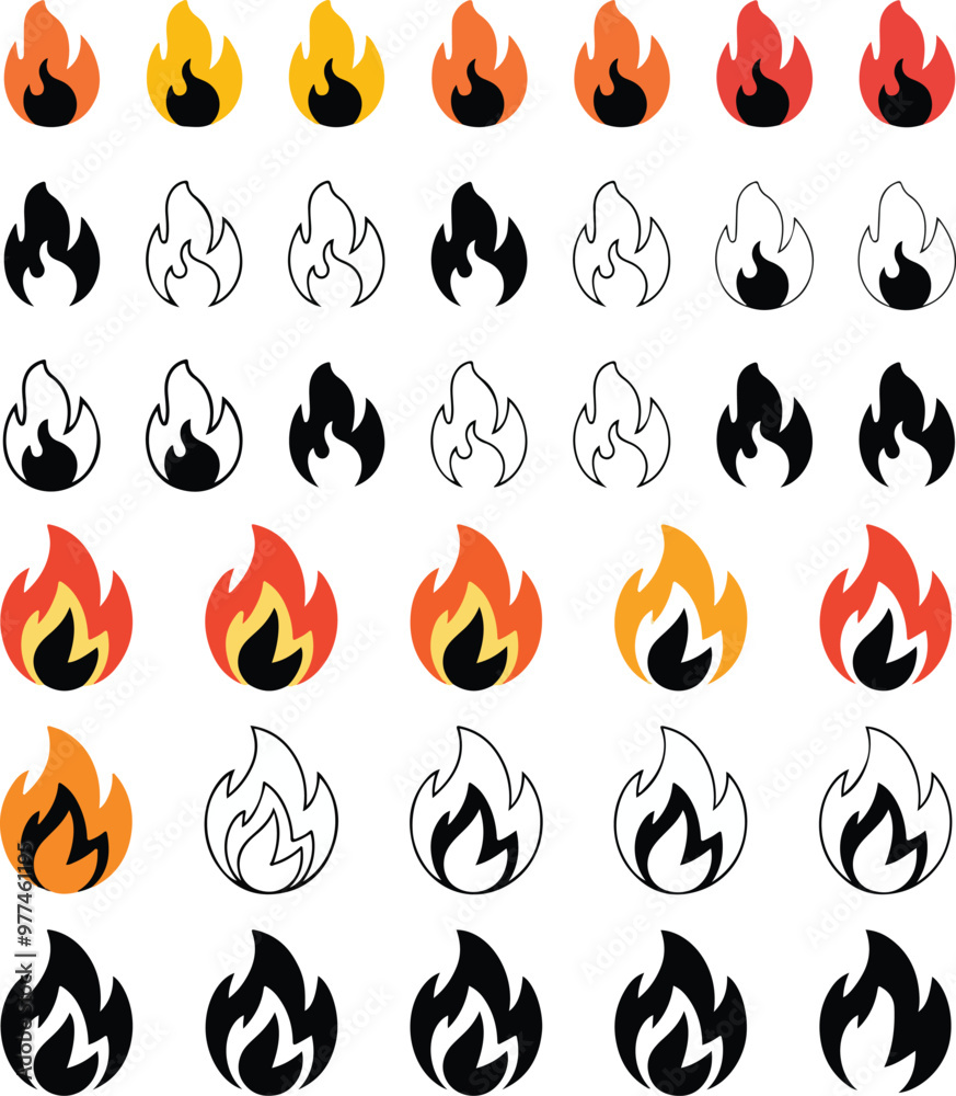 Cartoon campfire icon set in flat