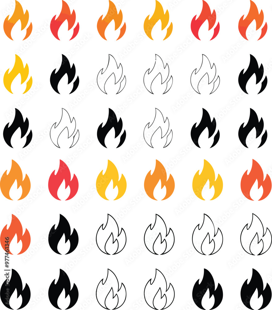 Cartoon campfire icon set in flat