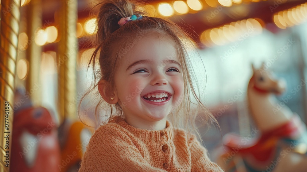 happy little girl spinning on a merry-go-round, her laughter and smiles reflecting the innocence and joy of childhood experiences happy little girl spinning on a merry-go-round, her laughter and smiles reflecting the innocence and joy of childhood experiences