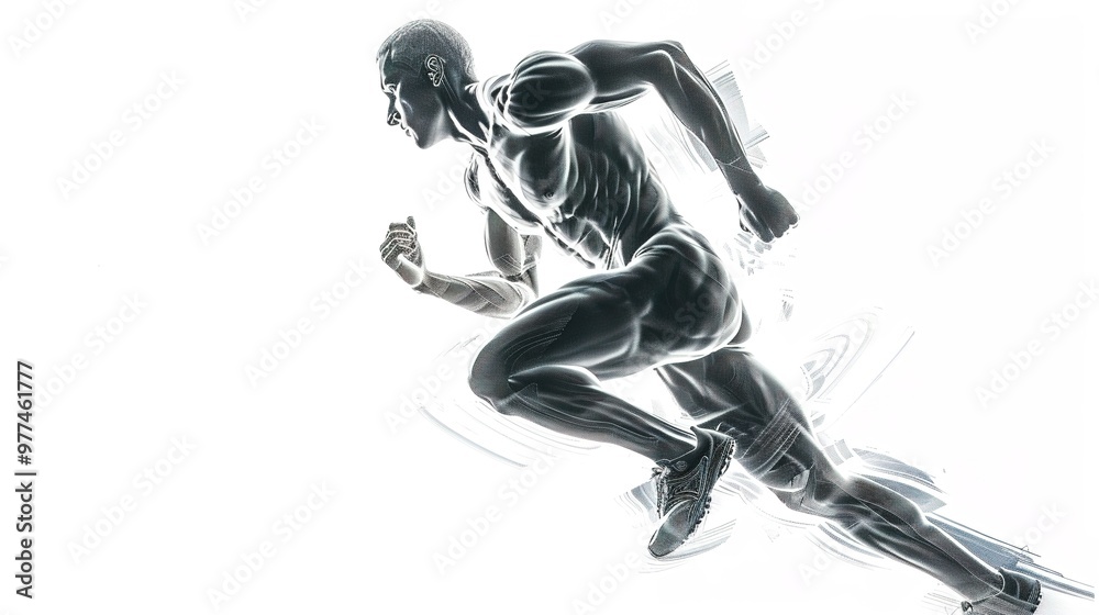 Fototapeta premium A dynamic picture showing a person in full motion, running on a clean and uncluttered white background. The person's body is in a running stance, with legs striding forward and arms pumping. 
