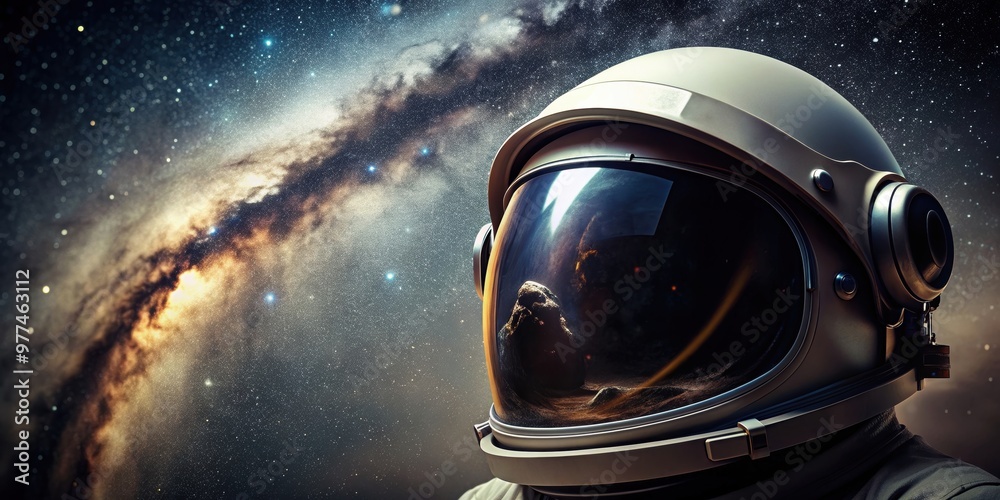 Close-up astronaut helmet reflecting milky way, serene and mysterious atmosphere, astronaut, helmet, close-up, milky way