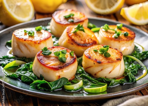 Freshly grilled scallops smothered in a rich, creamy garlic butter sauce, garnished with parsley and served on a bed of sautéed spinach and lemon wedges.