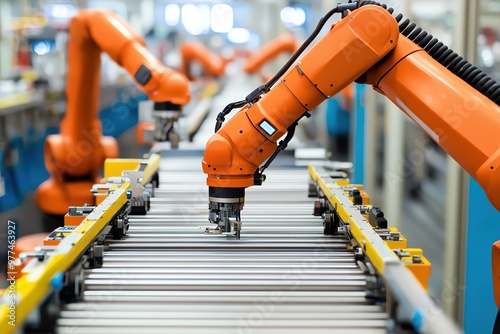 Robotic arm working on a conveyor belt in a modern industrial facility, showcasing automation and precision engineering.