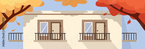 Autumn house illustration. Autumn season. Front door house in fall season. Home facade in autumnal. Autumn trees. Autumn scene. Building vector art. Harvest. Weak match. Autumnal equinox.