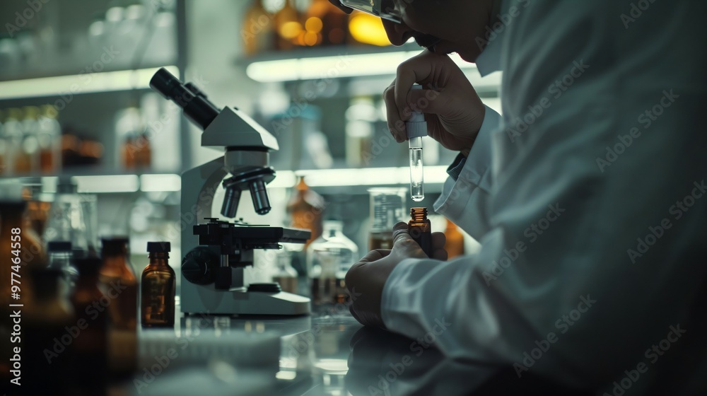 Scientist in lab coat holding vial of experimental drug, with microscope and scientific equipment, symbolizing drug trials and medical research process. Scientist in lab coat holding vial of experimental drug, with microscope and scientific equipment, symbolizing drug trials and medical research process.