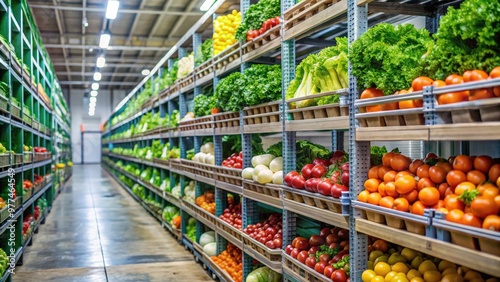 Fresh produce is meticulously arranged on a warehouse shelf, showcasing the efficient management of a modern food supply chain from farm to table. photo