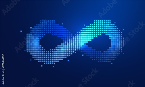 Infinity symbol in pixel digital style. Technological futuristic light effect - design element vector illustration