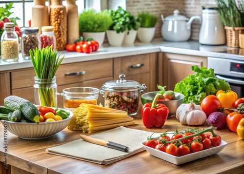 Fresh vegetables and ingredients are neatly organized on a clean kitchen counter, surrounded by utensils and recipe cards, conveying a sense of effortless meal preparation.