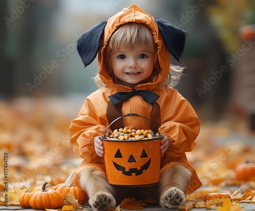 Happy Children Trick or Treat in Halloween Costumes - Cute Dog 01 - 400 x 3968 19MP - created by AI photo