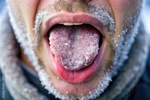 Frozen in a humorous moment, a tongue sticks out, coated in frost, from a partially open mouth, capturing a comical expression of surprise and shock. photo