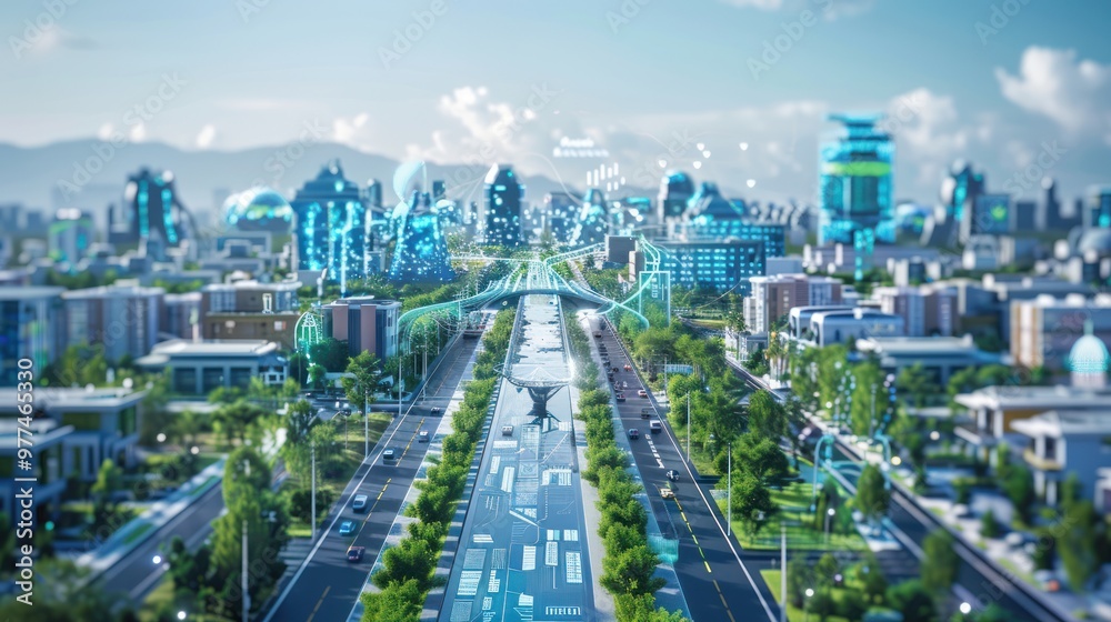Fototapeta premium Futuristic Cityscape with Digital Overlays