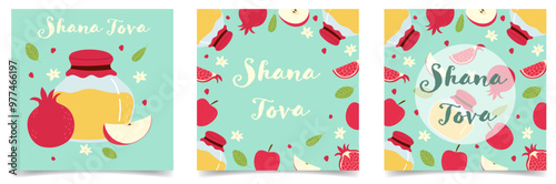 Rosh hashanah  Jewish New Year greeting card, banner, post set with hand drawn flat pomegranate, apple and honey illustration.