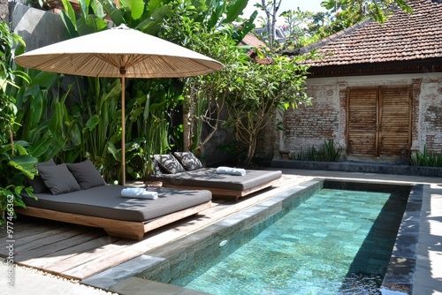 Sunbathing deck and private pool, balinese style outdoor swimming pool for a relaxing summer