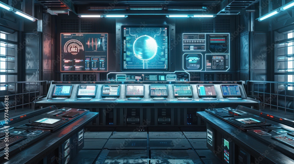 Futuristic Control Room with Monitors and Screens Futuristic Control Room with Monitors and Screens