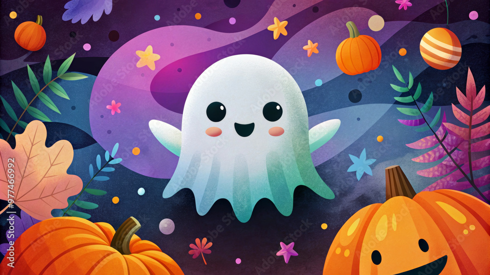 Cute,animated ghost floats merrily among rows of autumn leaves,pumpkins and colorful stars.The background is characterized by colors and whimsical patterns,enhancing the festive atmosphere.AI generate Cute,animated ghost floats merrily among rows of autumn leaves,pumpkins and colorful stars.The background is characterized by colors and whimsical patterns,enhancing the festive atmosphere.AI generate
