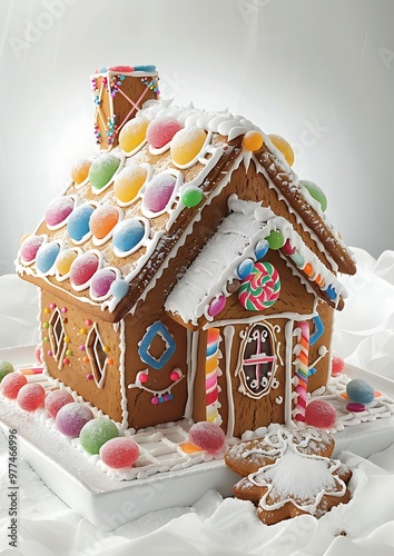 snow-covered gingerbread house with colorful candy decorations