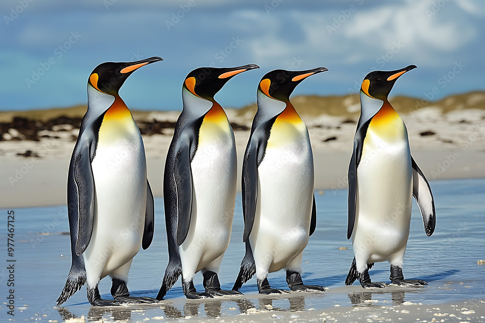Obraz premium Four king penguins standing on a beach, showcasing their distinctive colors and posture.