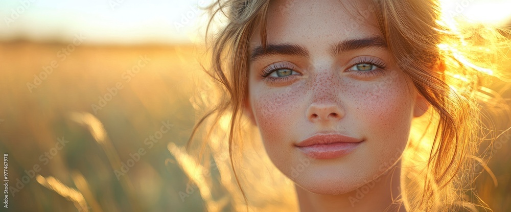 Woman with freckles smiling in a field at sunset Woman with freckles smiling in a field at sunset