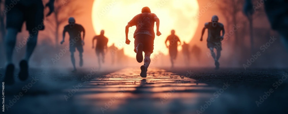 Fototapeta premium Zombies jogging on a moonlit path, promoting physical activity even during Halloween