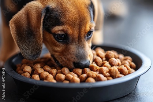 A young dog focuses on its kibble while engaging in training at home during daylight hours photo