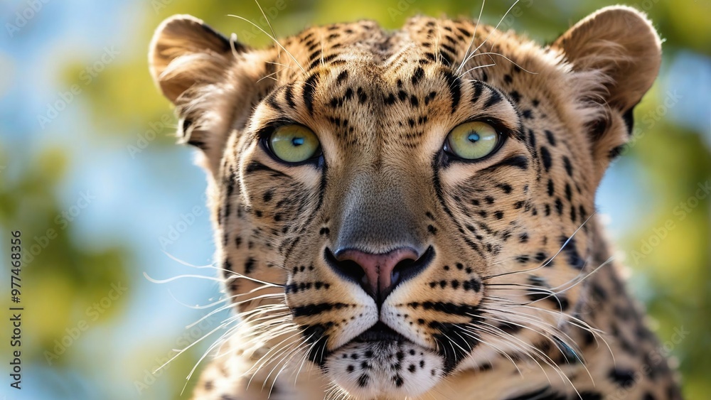 Fototapeta premium a leopard with green eyes and a black and red color in close-up
