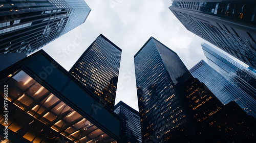 A low-angle view captures towering skyscrapers reaching skyward, emphasizing their grandeur and sleek design. The perspective from below